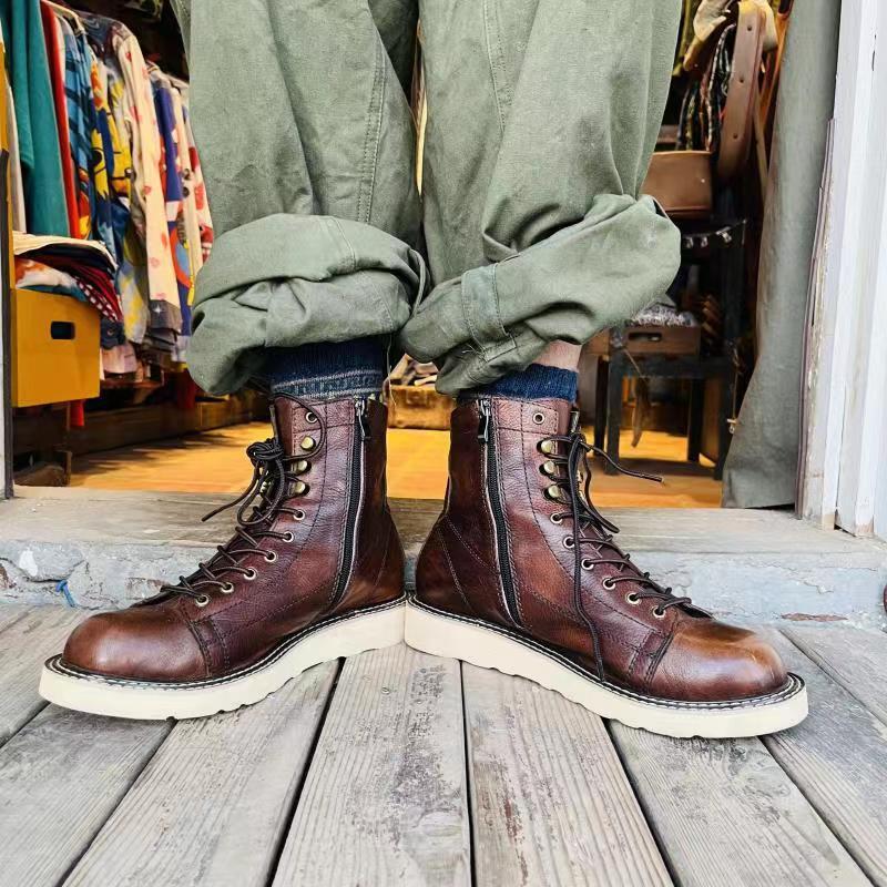 British Style Plus Velvet Leather Mid-top High-top Leather Boots