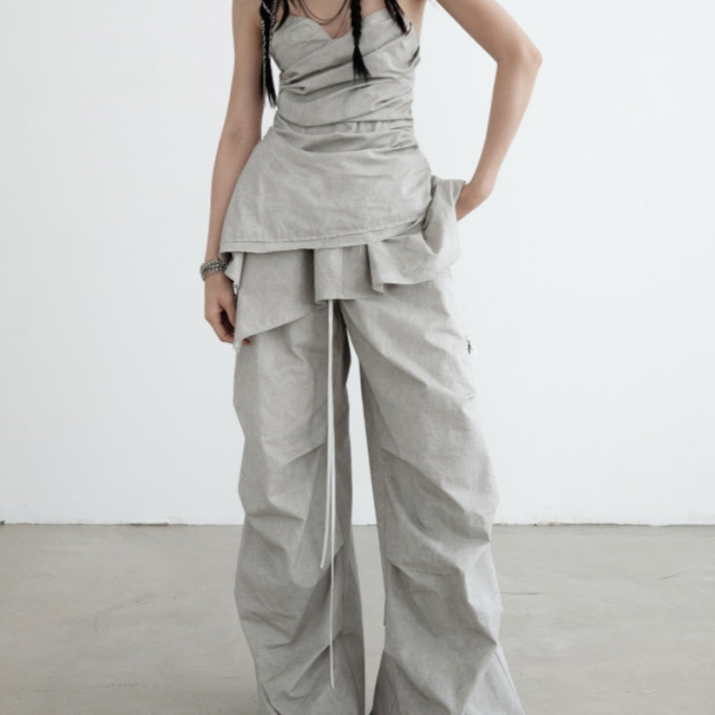Washed Dirty Dyed Cotton Two-piece Removable Flounced Skirt Swing Casual Pants