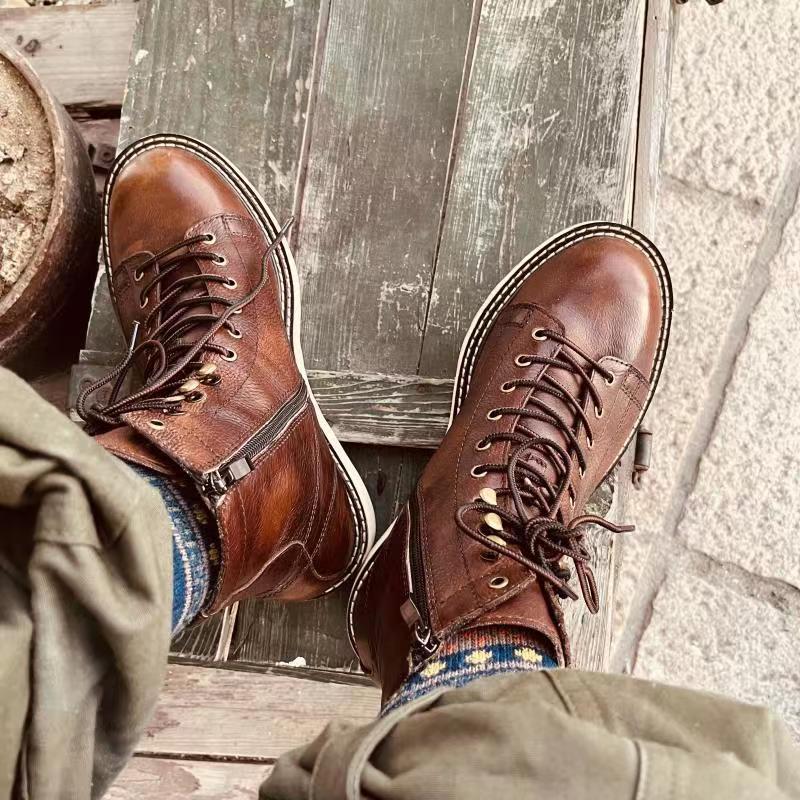 British Style Plus Velvet Leather Mid-top High-top Leather Boots