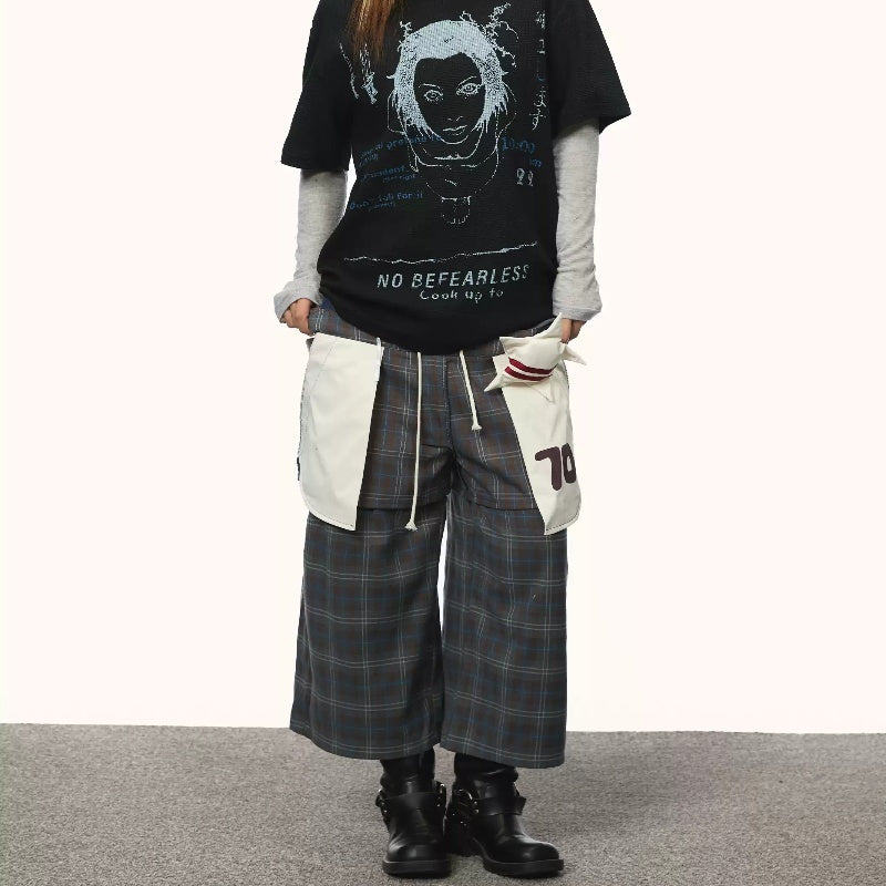 Retro Plaid Fake Two-piece Patch Pants For Women Summer