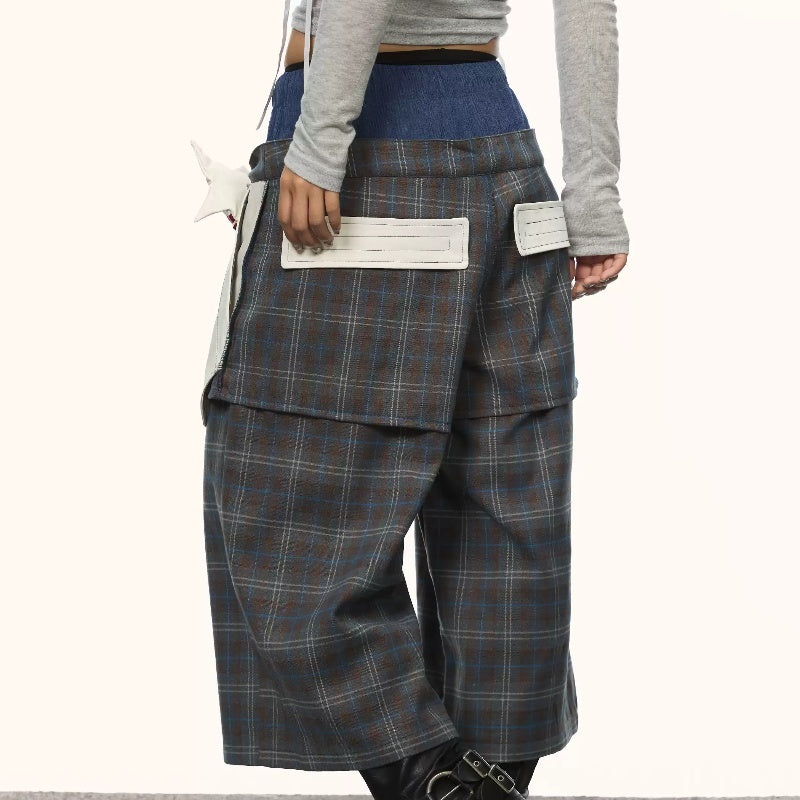 Retro Plaid Fake Two-piece Patch Pants For Women Summer