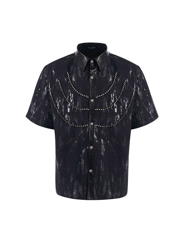 Niche Metal Coated Padded Shoulder Short Sleeve Shirt For Men