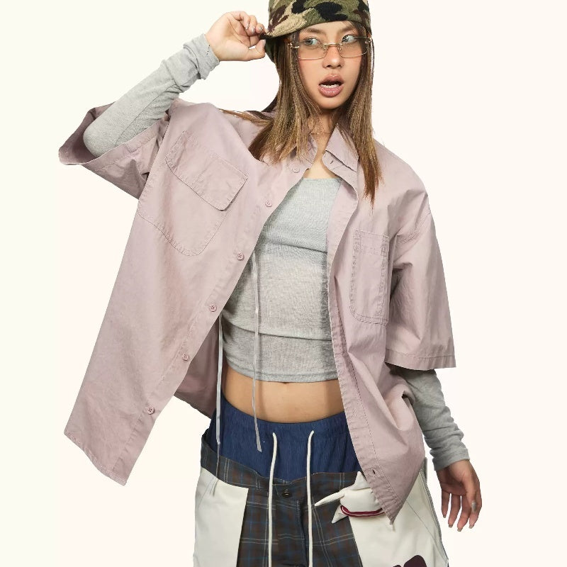 Women's Short-sleeved Shirt With Retro Workwear Pockets Summer High-grade Lapel Shirt Coat