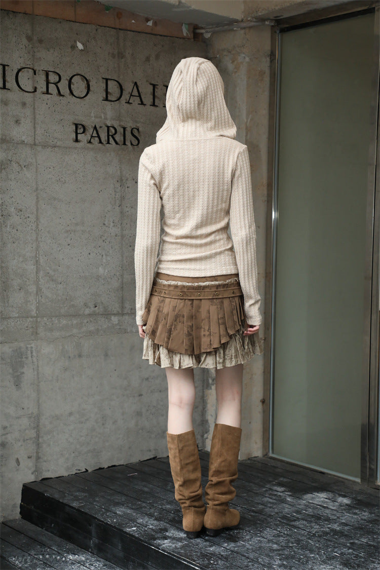 Retro Distressed Heavy Industry Fake Two-piece Pleated Skirt