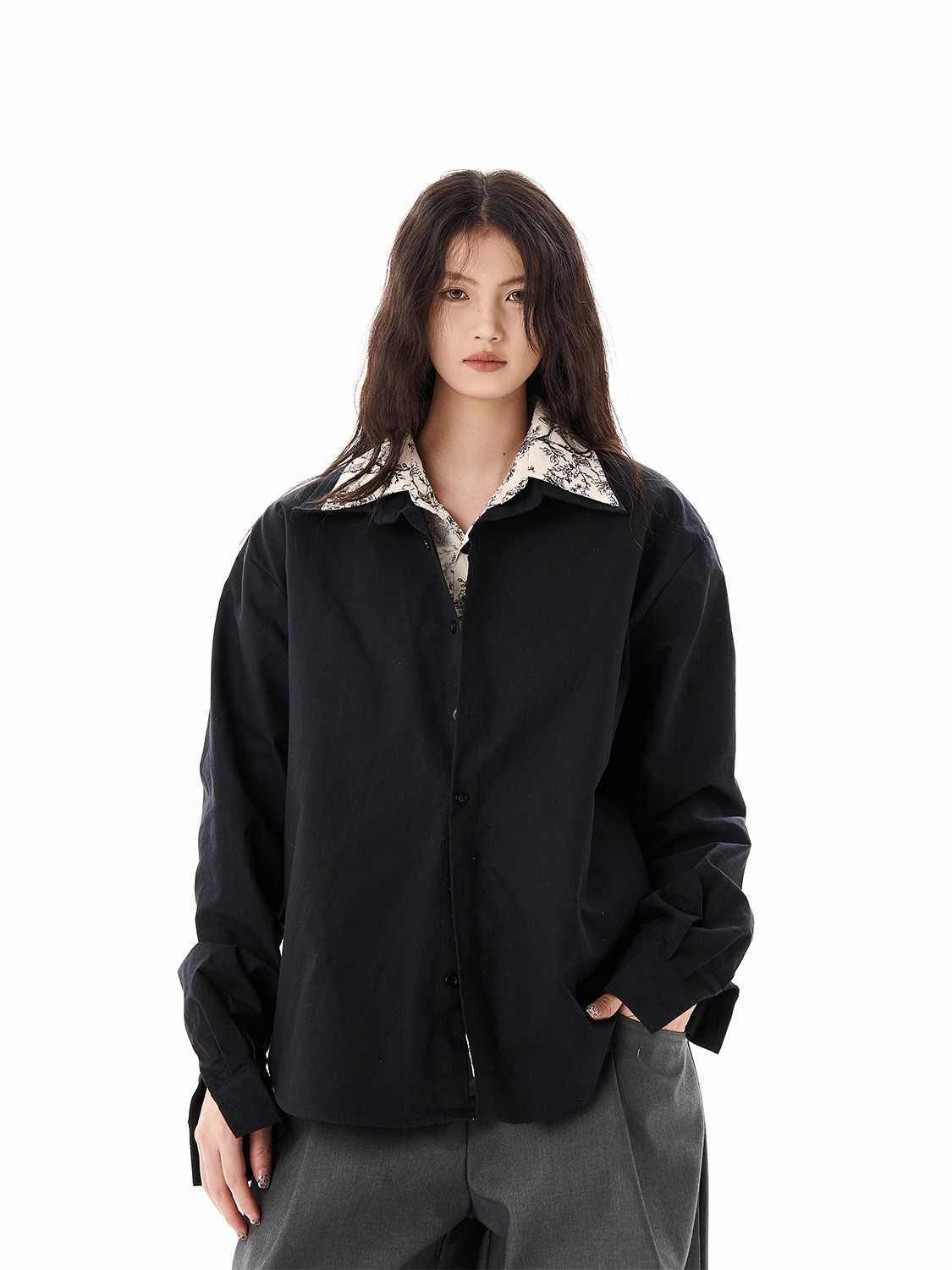 Lapel Floral False Two-piece Patchwork Loose White Long Sleeve Shirt Coat