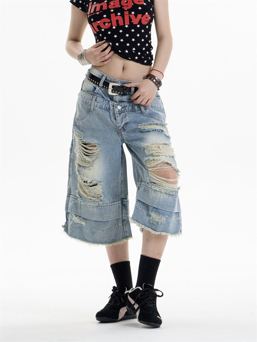 Ripped Denim Cropped Pants Women's Double Waist Loose Shorts