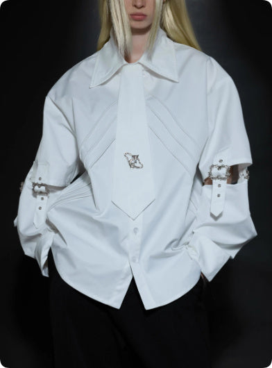 Deconstructing Lace-up Cutout Stitching Design White Shirt