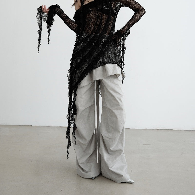 Washed Dirty Dyed Cotton Two-piece Removable Flounced Skirt Swing Casual Pants