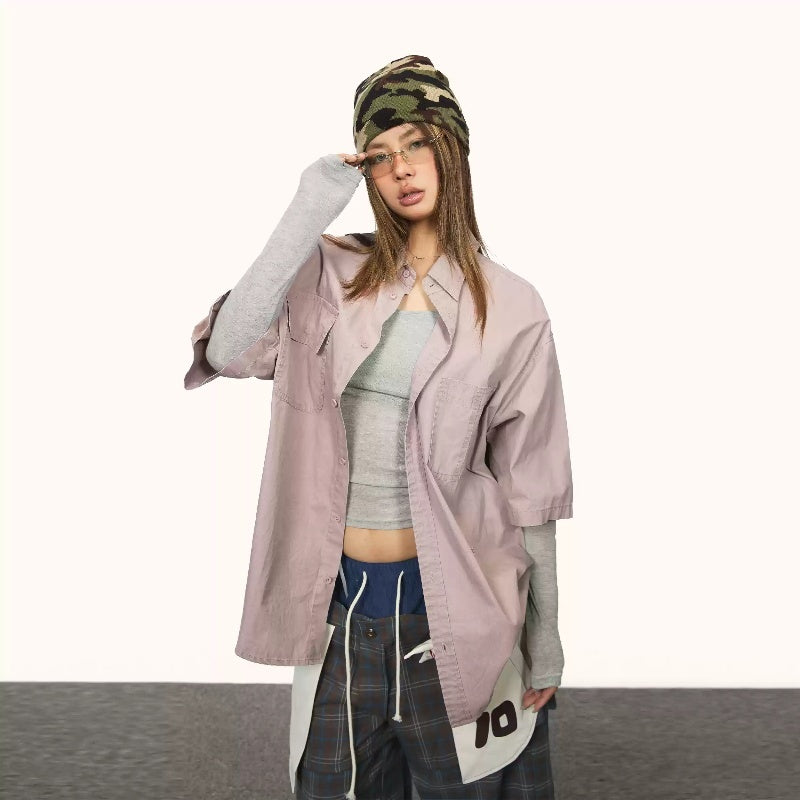 Women's Short-sleeved Shirt With Retro Workwear Pockets Summer High-grade Lapel Shirt Coat