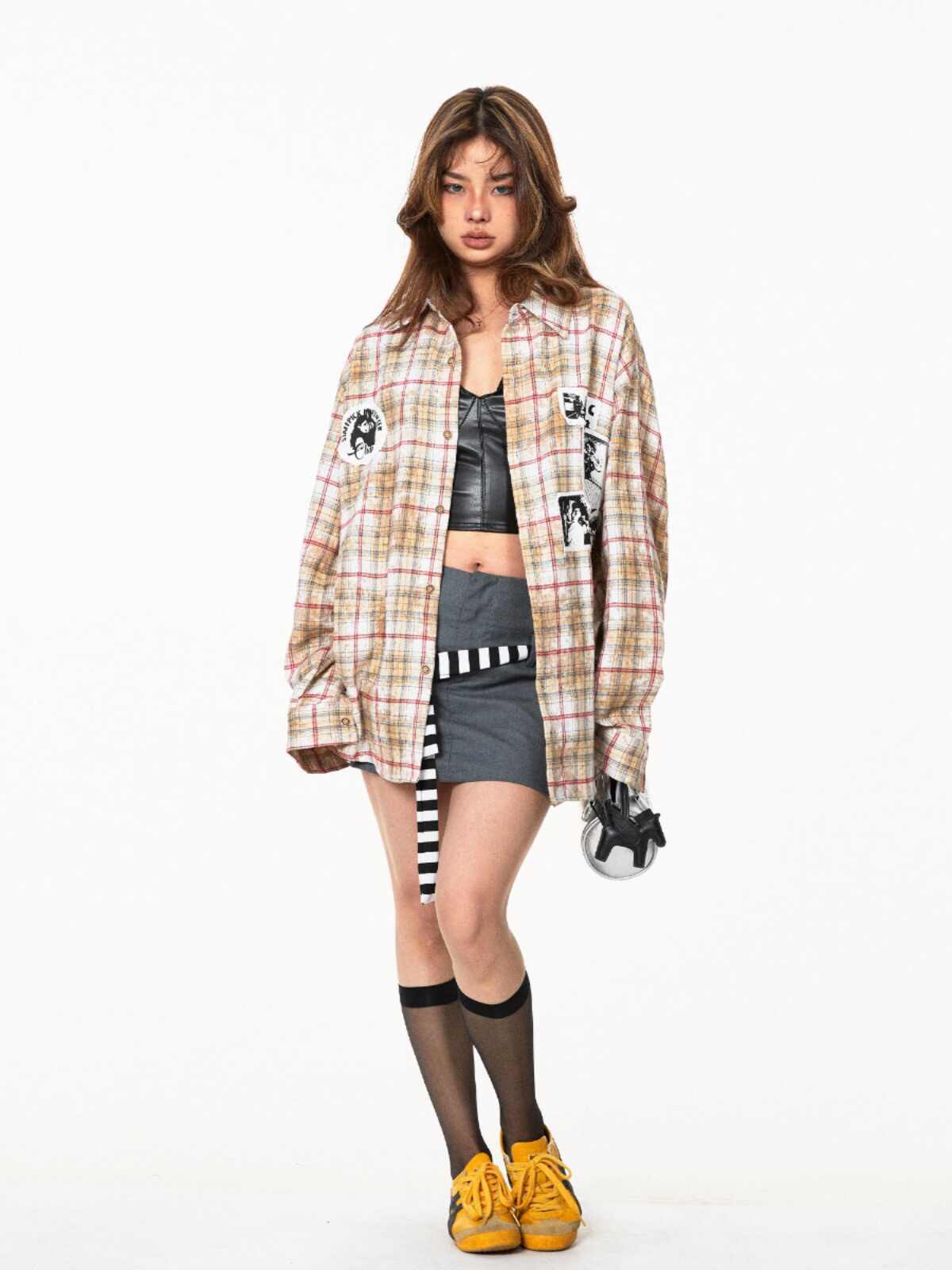 Retro Distressed Brushed Printed Plaid Shirt Loose Top