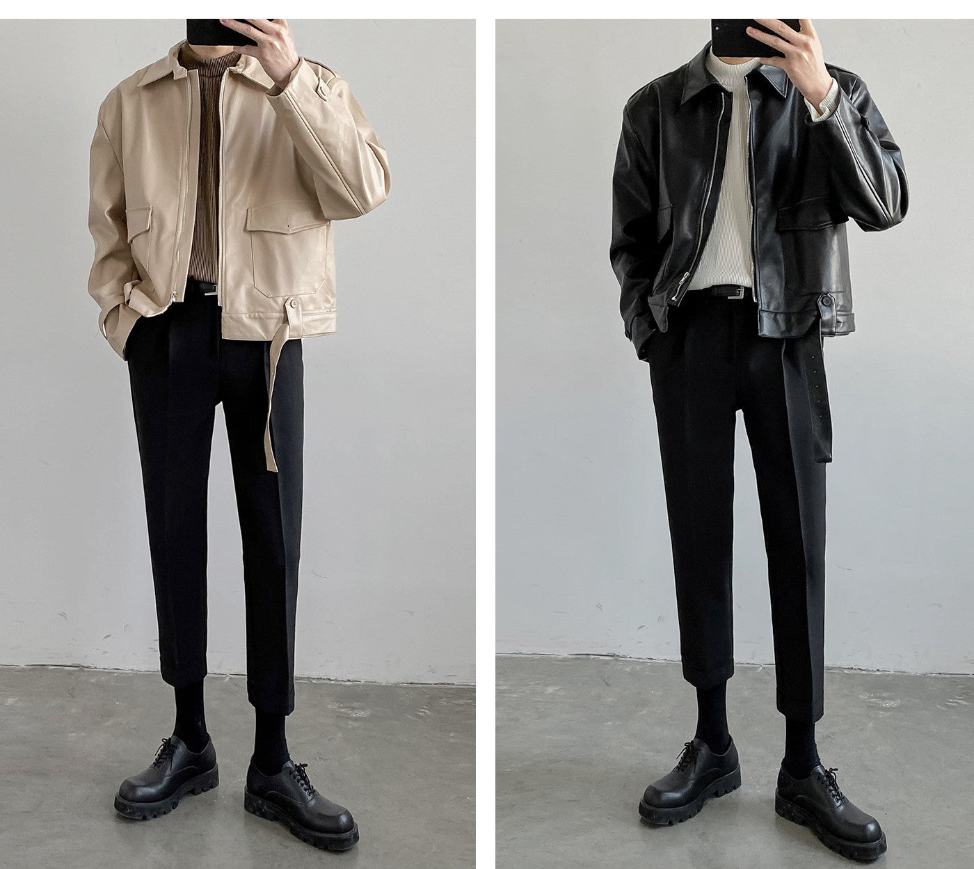 Trendy Short Leather Jacket Mens Handsome Loose Lapel Top