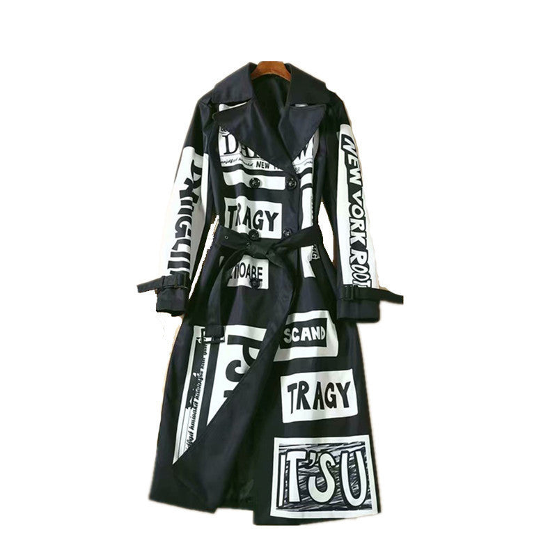Letter Print Loose Fit Double-breasted Long-sleeved Women's Trench Coat