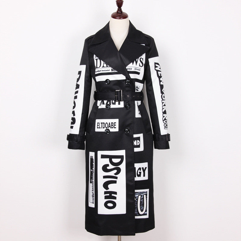 Letter Print Loose Fit Double-breasted Long-sleeved Women's Trench Coat