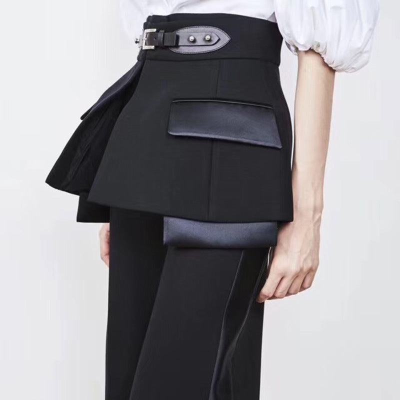 Straight-leg trousers with belt drape and girdle