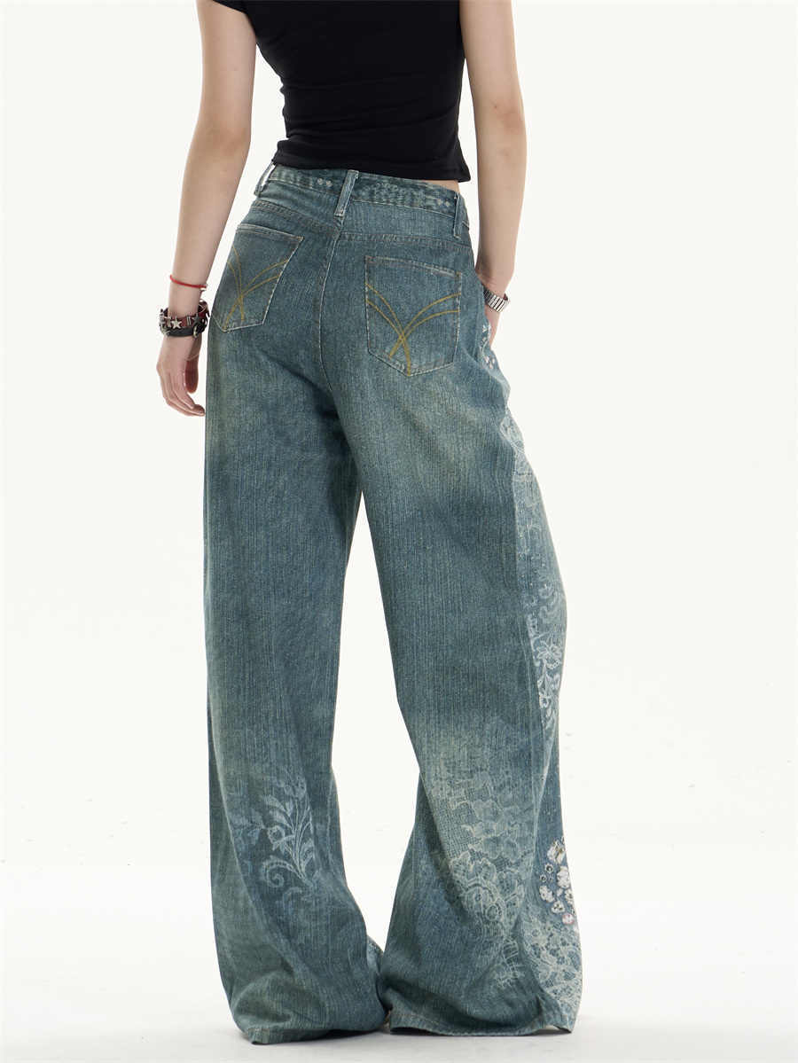 Women's Bowknot Printed Jeans Loose Wide-leg Pants