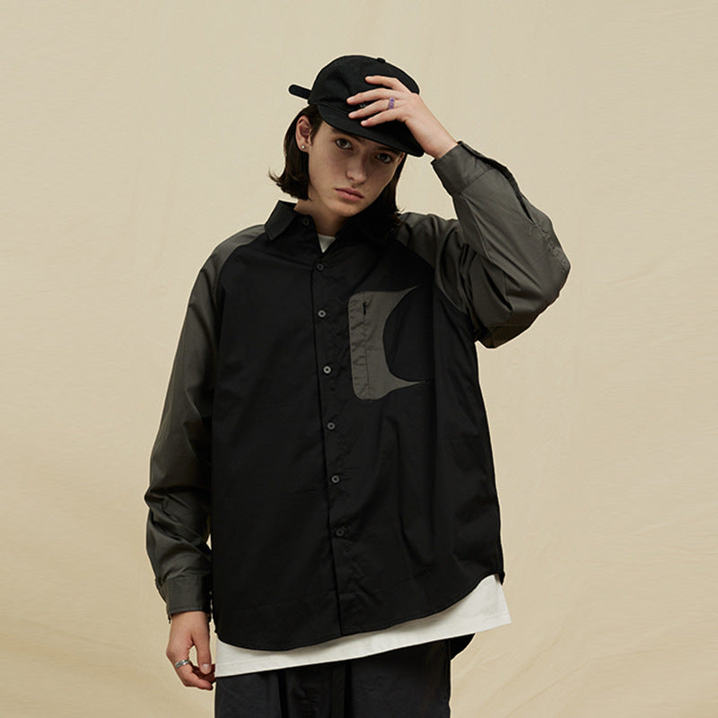 All-matching Shirt Color-block Raglan Sleeves Lapel Loose Casual Shirt