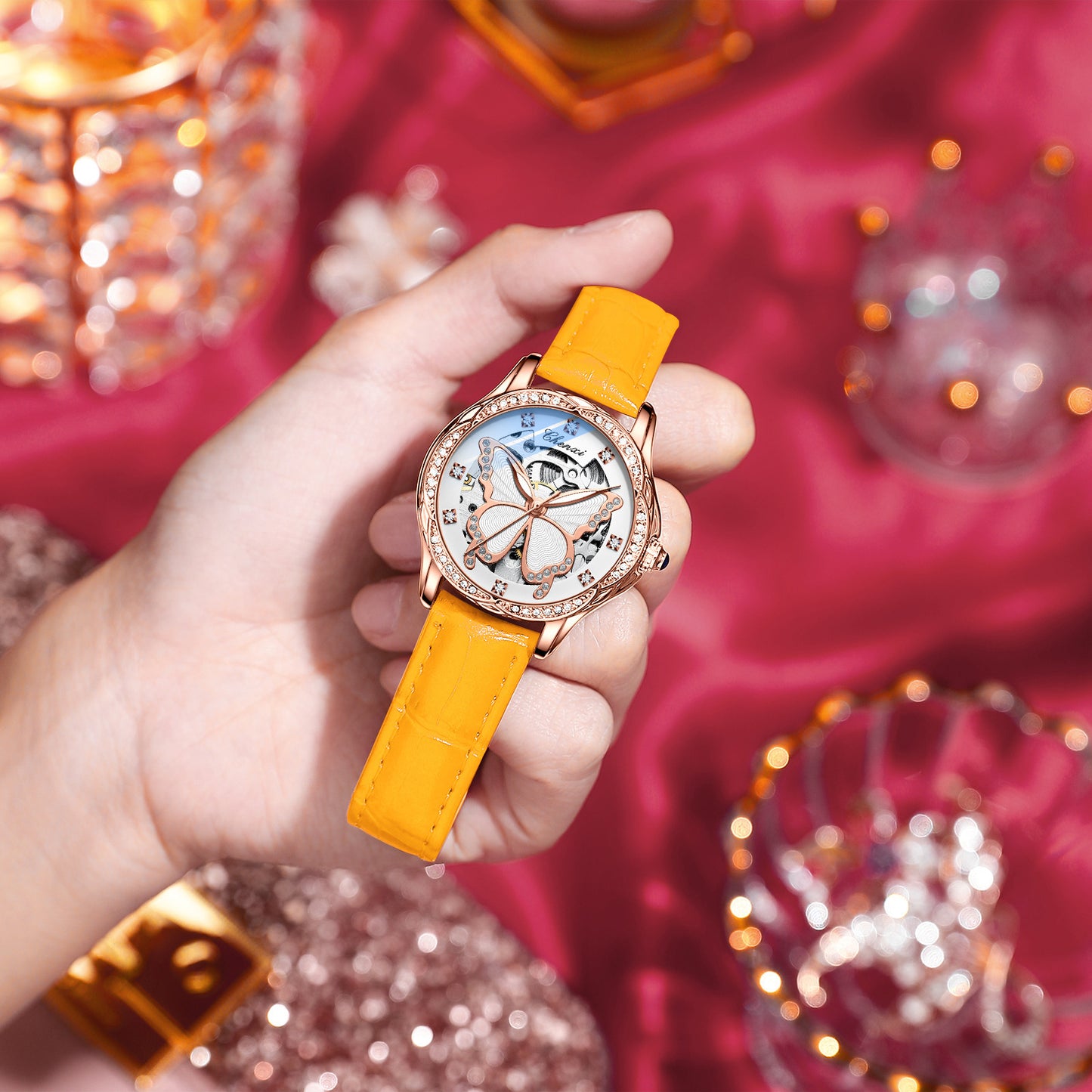 Butterfly Dial Fashion Diamond-embedded Watch Women's Waterproof Automatic Mechanical Watch