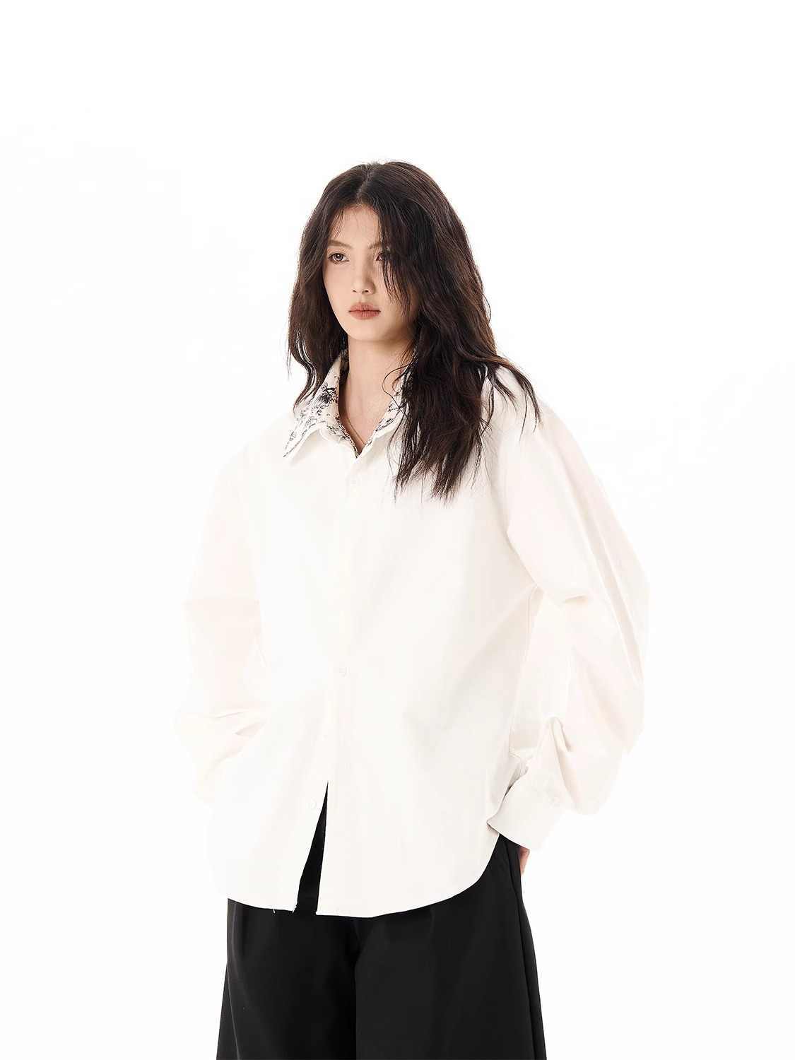 Lapel Floral False Two-piece Patchwork Loose White Long Sleeve Shirt Coat