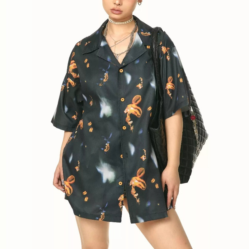 Vintage Print Short Sleeves Shirt Loose Casual