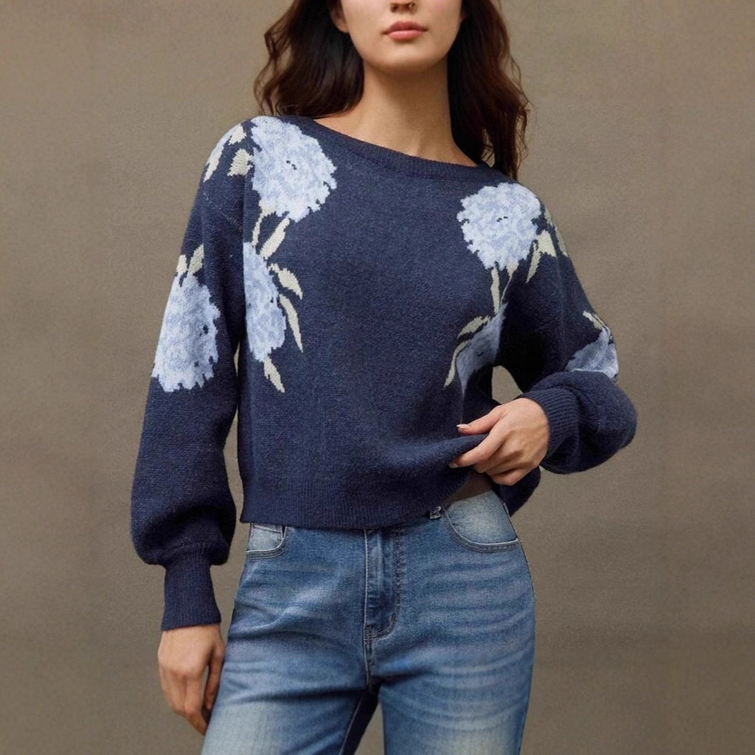 Off-neck Flower Jacquard Pullover Women's Loose Casual