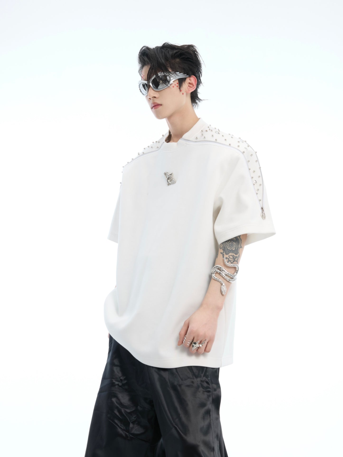 Niche Exquisite Rhinestone Metal Zipper Design Short Sleeve