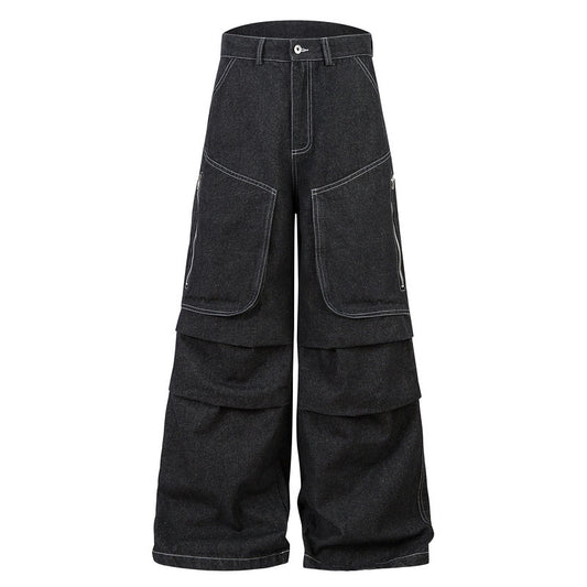 Multi-pocket Pleated Workwear Primary Color Jeans
