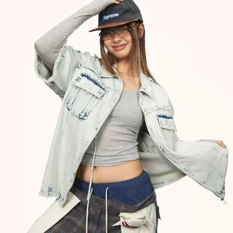 Women's Retro Washed Denim Frayed Short-sleeved Shirt