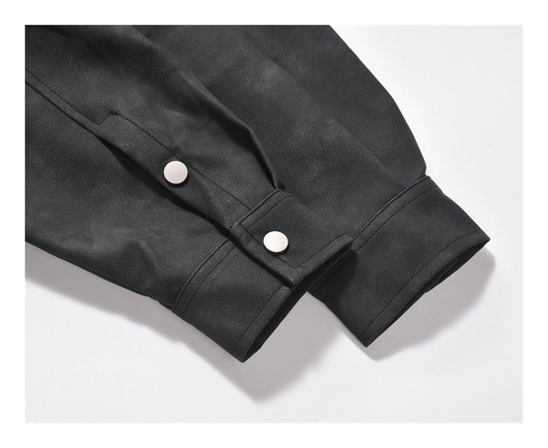 Retro American Street Style Worn Looking Washed-out PU Leather Shirt