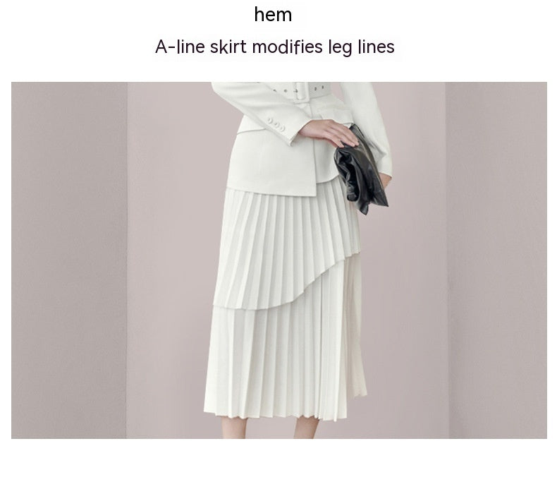 Solid Color Niche Slimming Waist Pleated Mid-length Dress Set