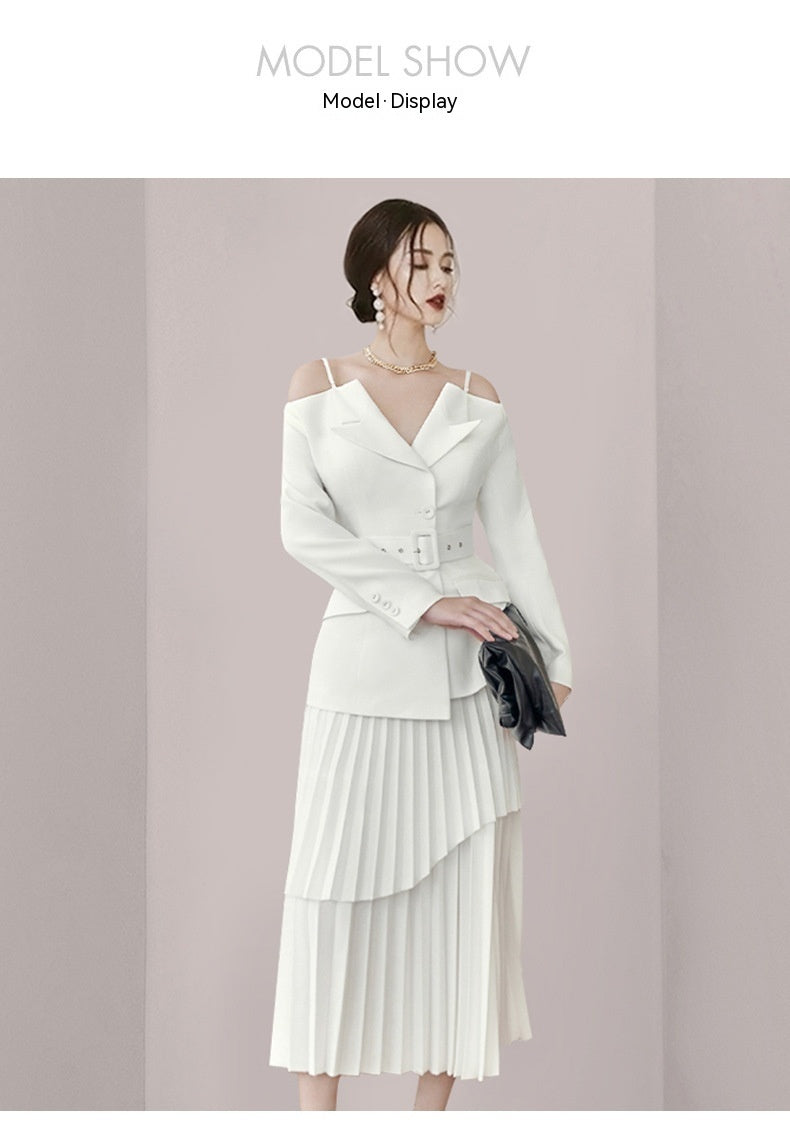 Solid Color Niche Slimming Waist Pleated Mid-length Dress Set