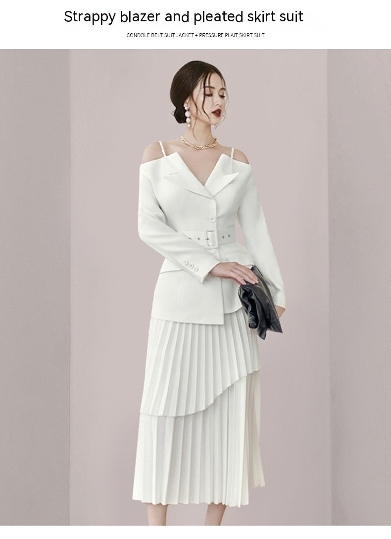 Solid Color Niche Slimming Waist Pleated Mid-length Dress Set