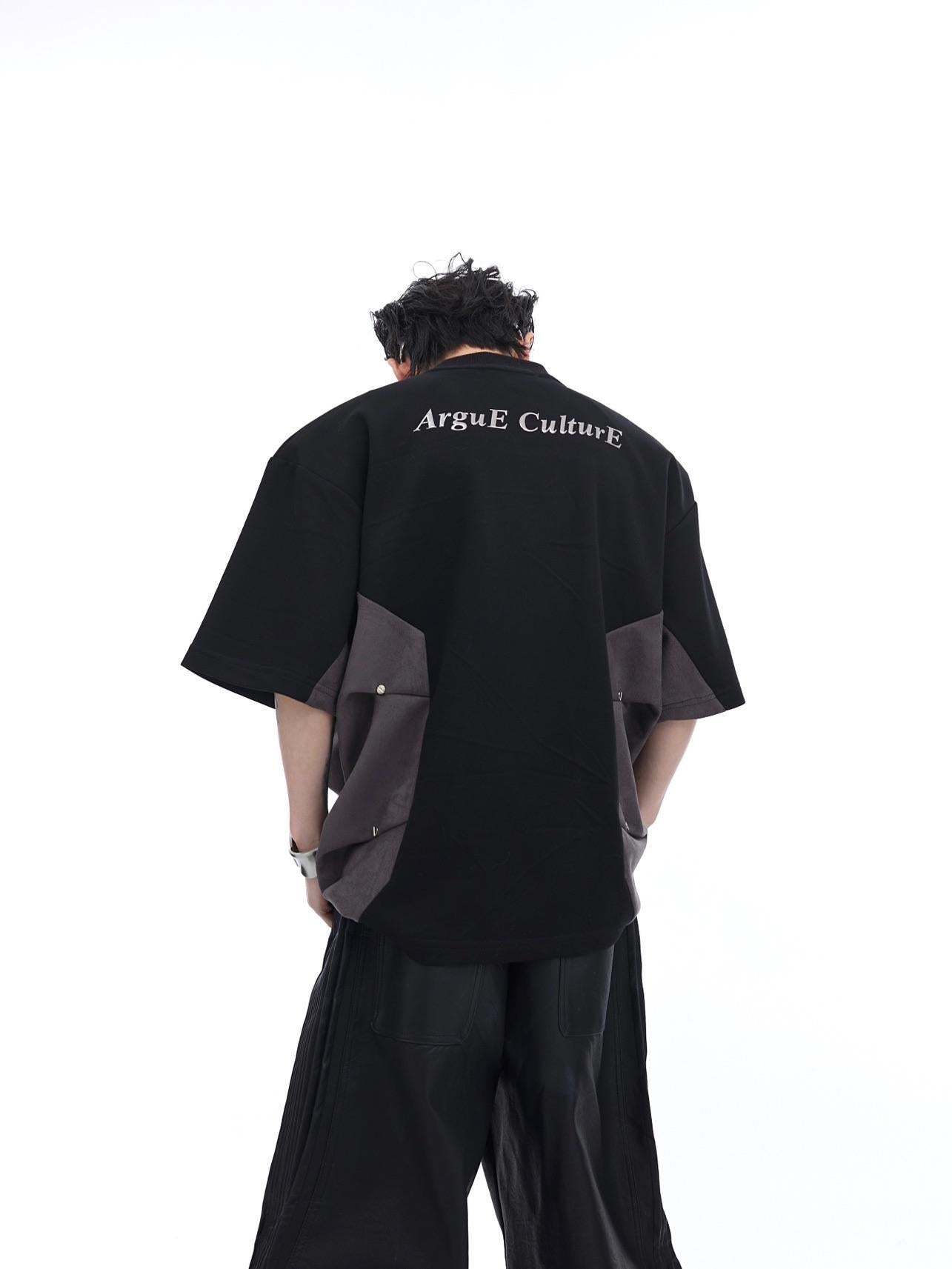 Men's Heavy Industry Niche Color Contrast Patchwork Padded Shoulder Short-sleeved T-shirt