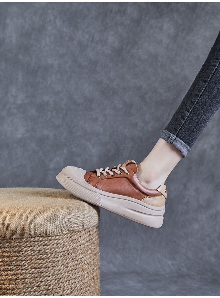 Leather Platform Biscuit Round Toe Platform Lace-up Sports Business Casual Shoes