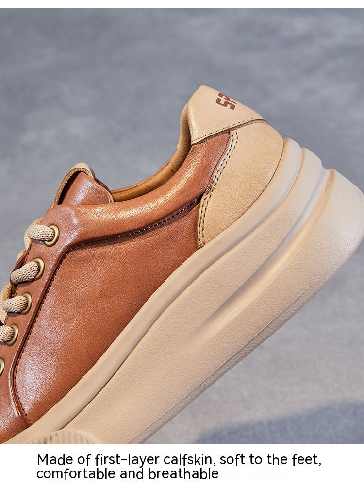 Leather Platform Biscuit Round Toe Platform Lace-up Sports Business Casual Shoes