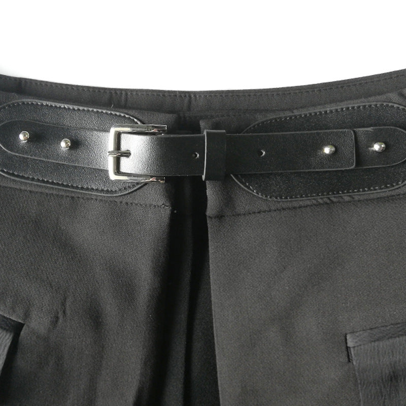 Straight-leg trousers with belt drape and girdle