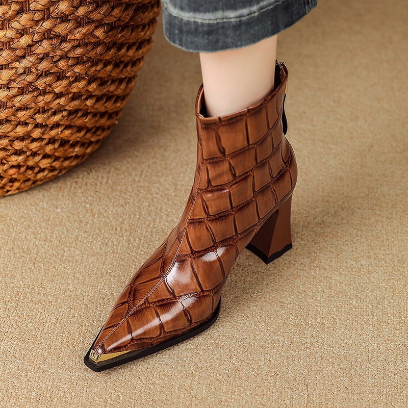 First-Layer Cowhide Structured Heel Boots