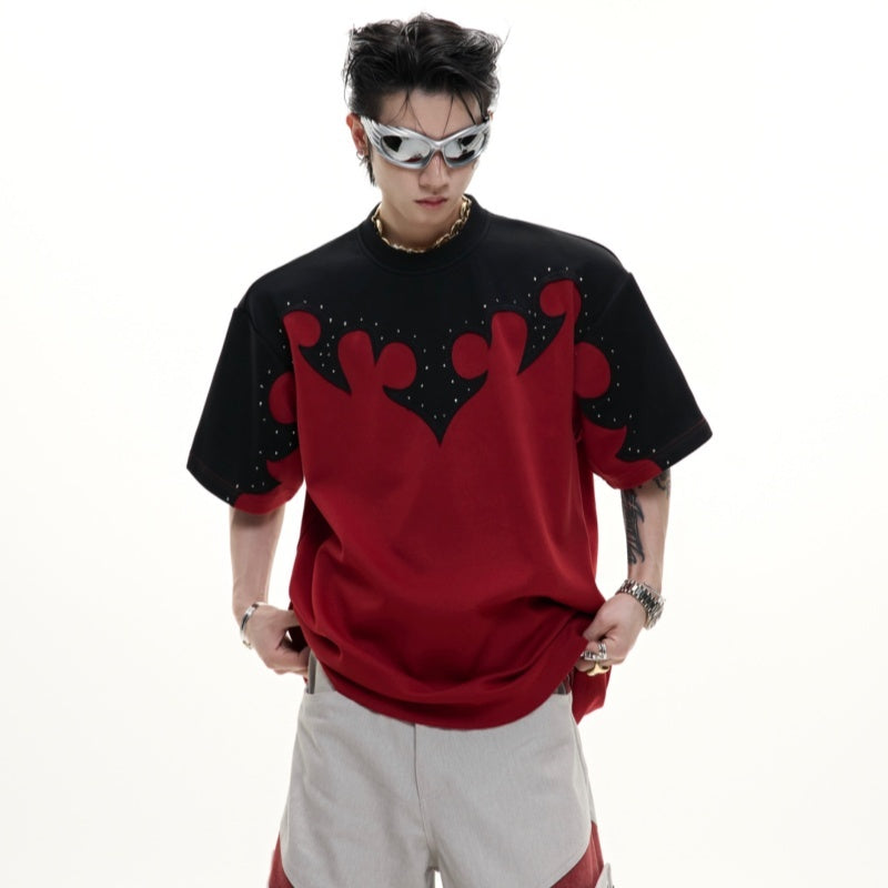 Three-dimensional Stitching Burnt Flower Round Neck Short Sleeve Men's Hot Rhinestone Heavy Cotton