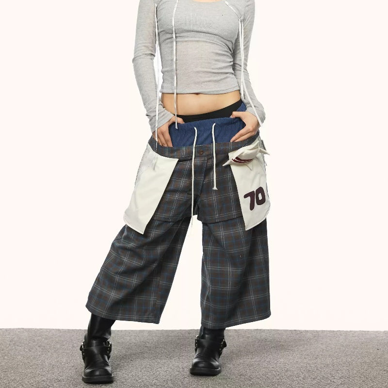 Retro Plaid Fake Two-piece Patch Pants For Women Summer