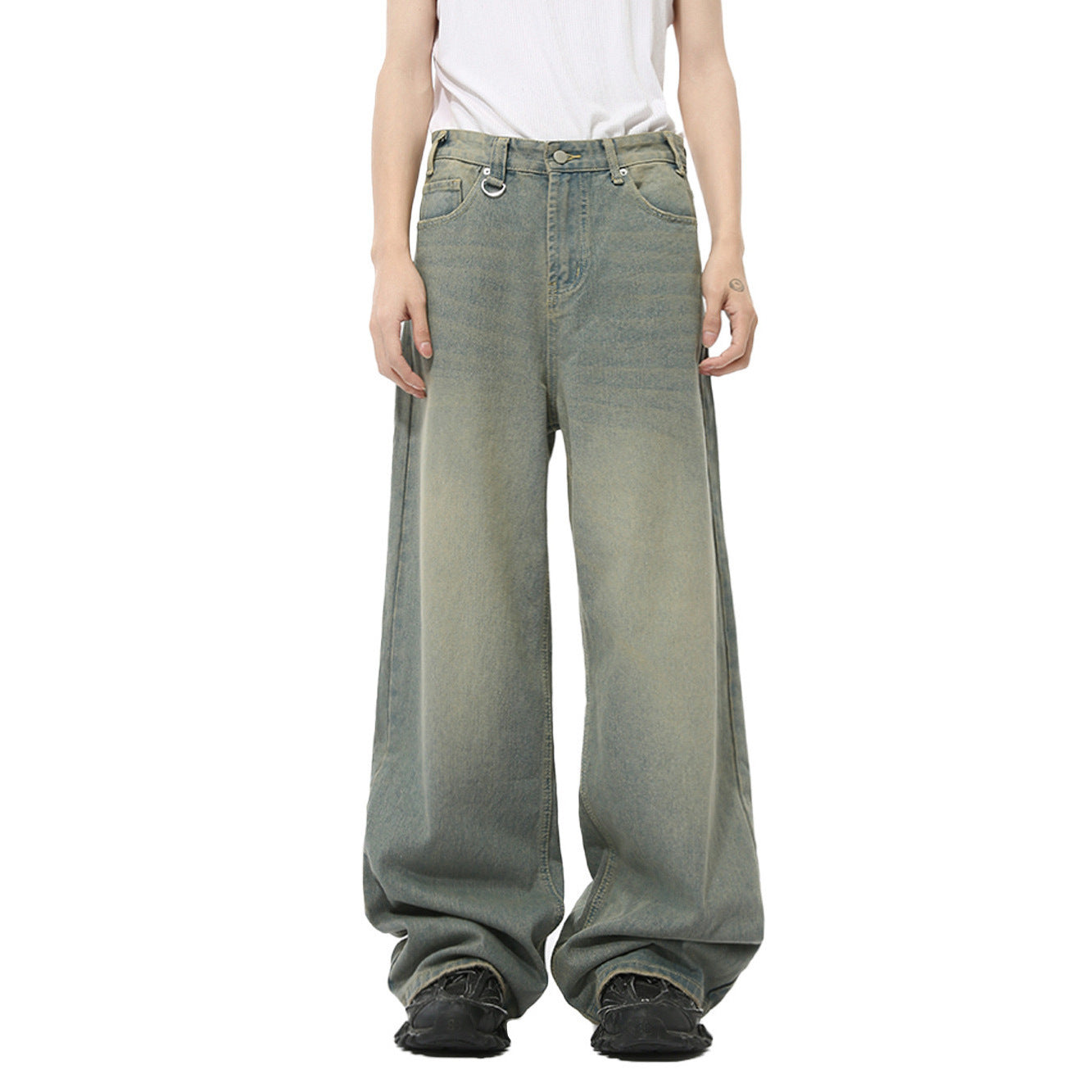 Men's Clothing Vintage Cement Green Draping Effect Straight-leg Trousers