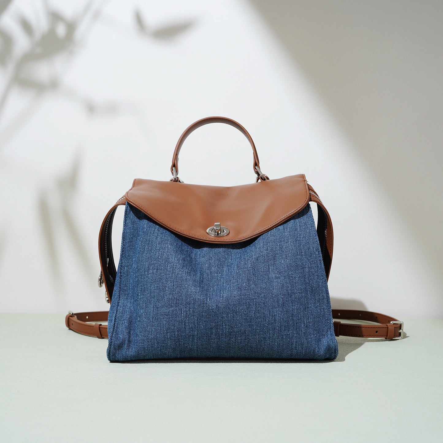 Denim–Leather Structured Carry Backpack