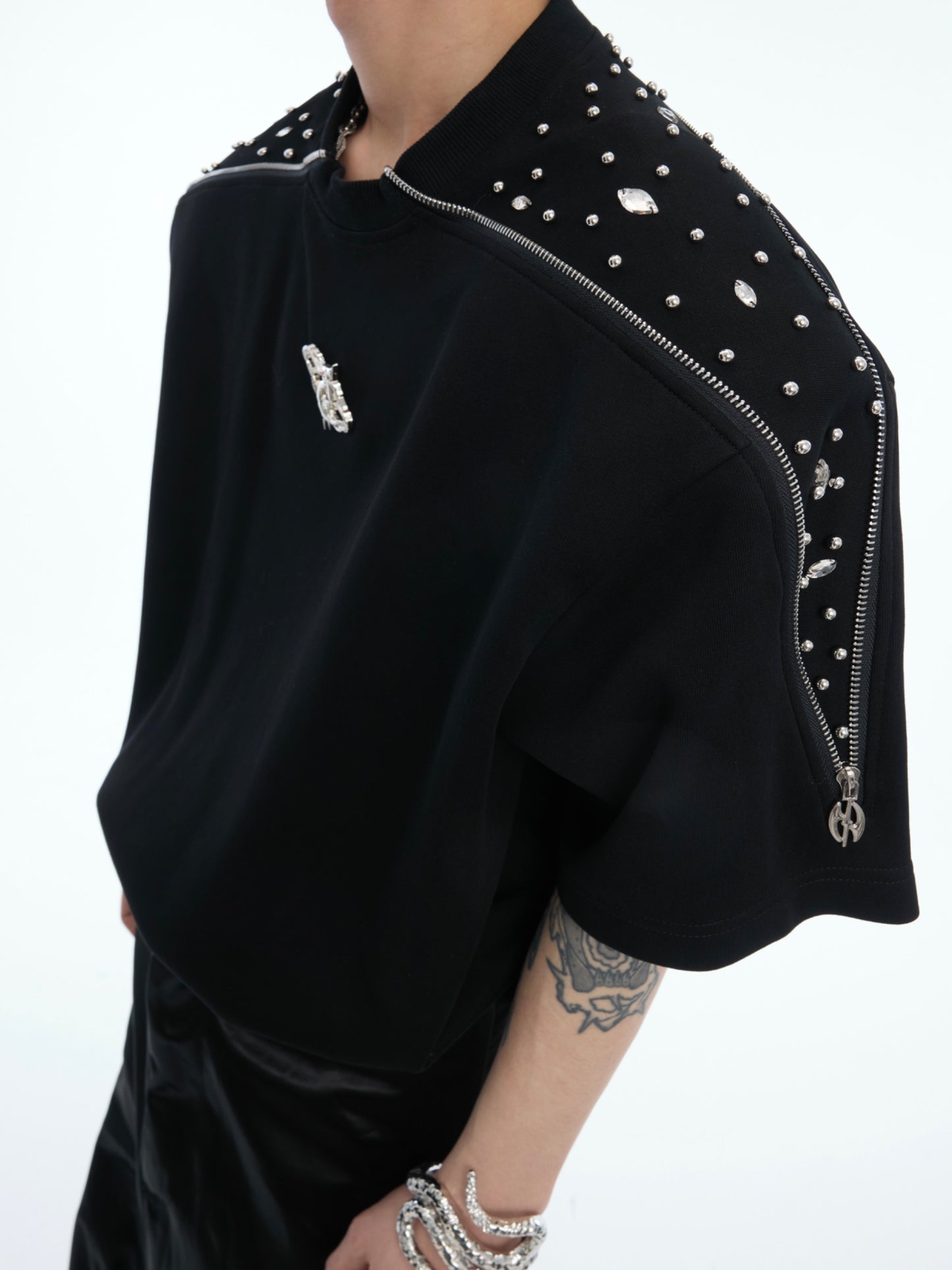 Niche Exquisite Rhinestone Metal Zipper Design Short Sleeve