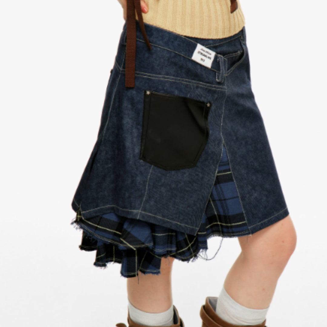 Splicing Irregular Half Skirt, Women's Fringed Twill Mid Skirt