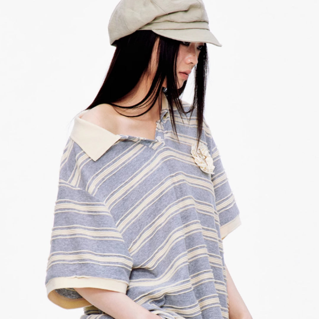 Collar 3D Striped Loose Lazy Sloping Shoulder Top