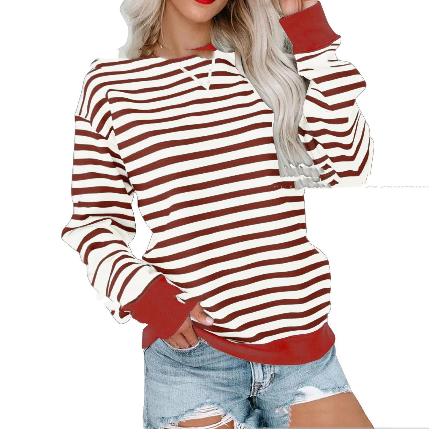 Striped Contrast Color Round Neck Trendy Long-sleeve