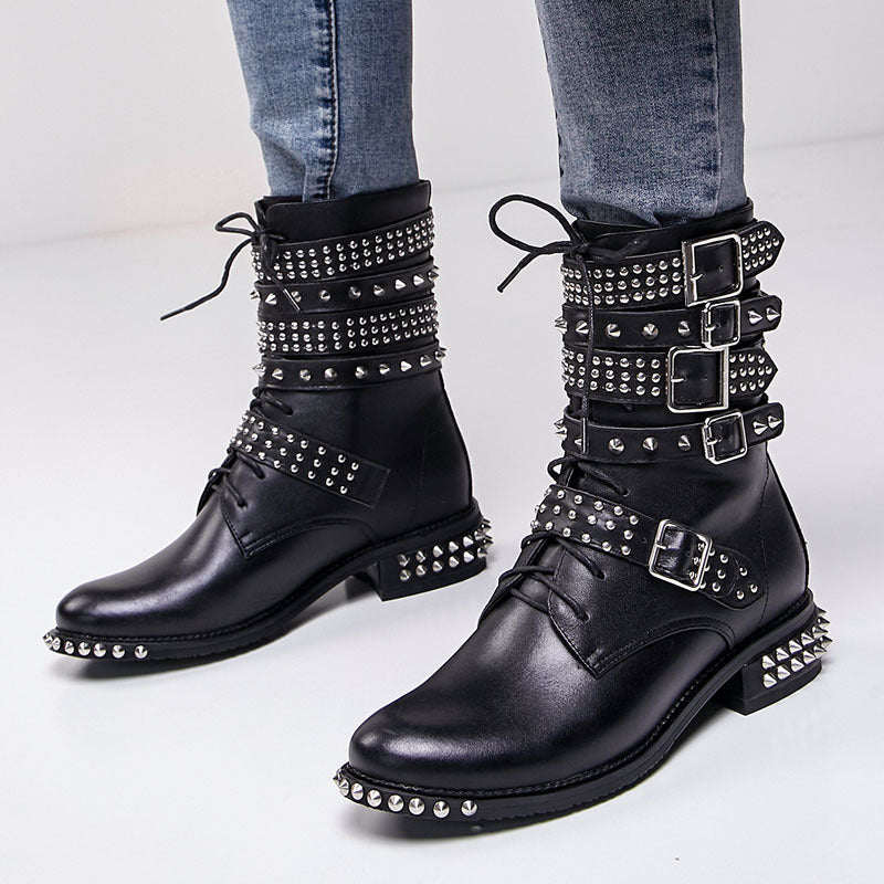 Studded Cowhide Leather Buckle Ankle Boots