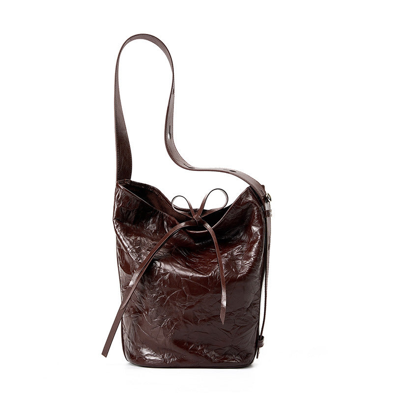 Crinkled Cowhide Bucket Shoulder Bag