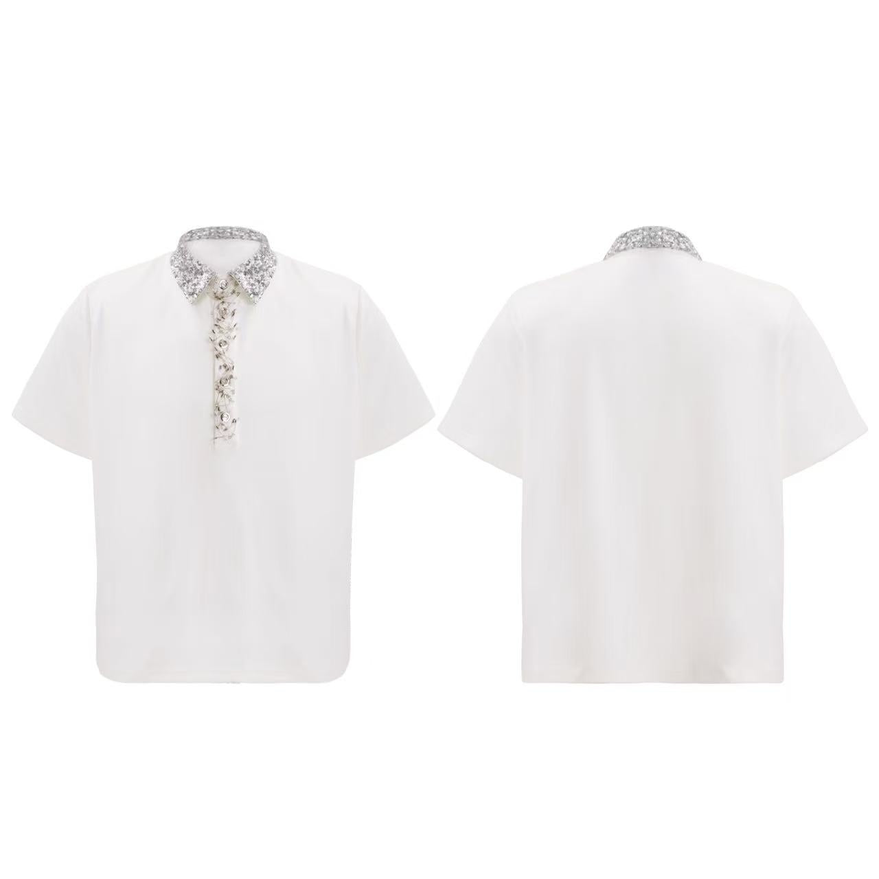 Heavy Embroidery Sequins Square Collar Short Sleeve Pin Loose Polo T-shirt