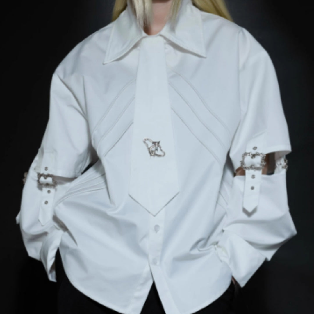 Deconstructing Lace-up Cutout Stitching Design White Shirt