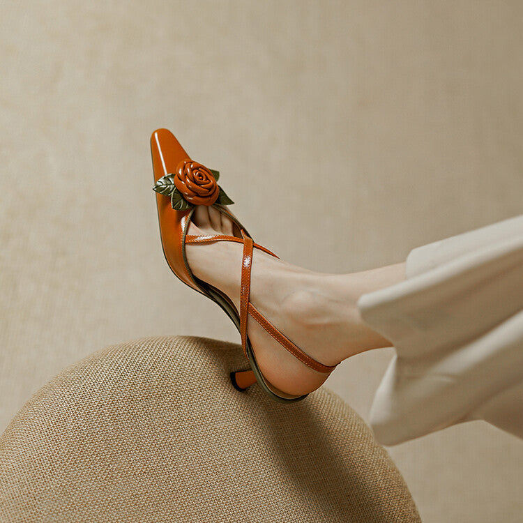 Pointed Slingback Heel with Leather Rose – First-Layer Cowhide