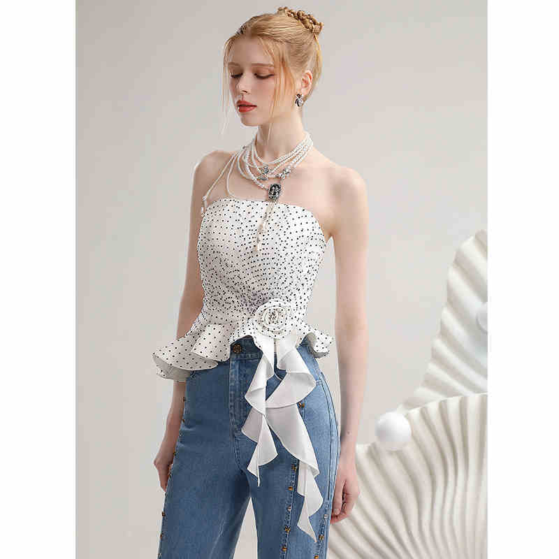 Summer Contrast Color Polka Dot Irregular Spaghetti-strap Top